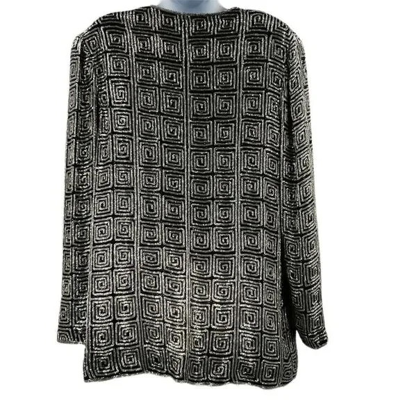 Vintage Theo Miles Heavy Silver & Black Beaded JacketSquare Maze Pattern